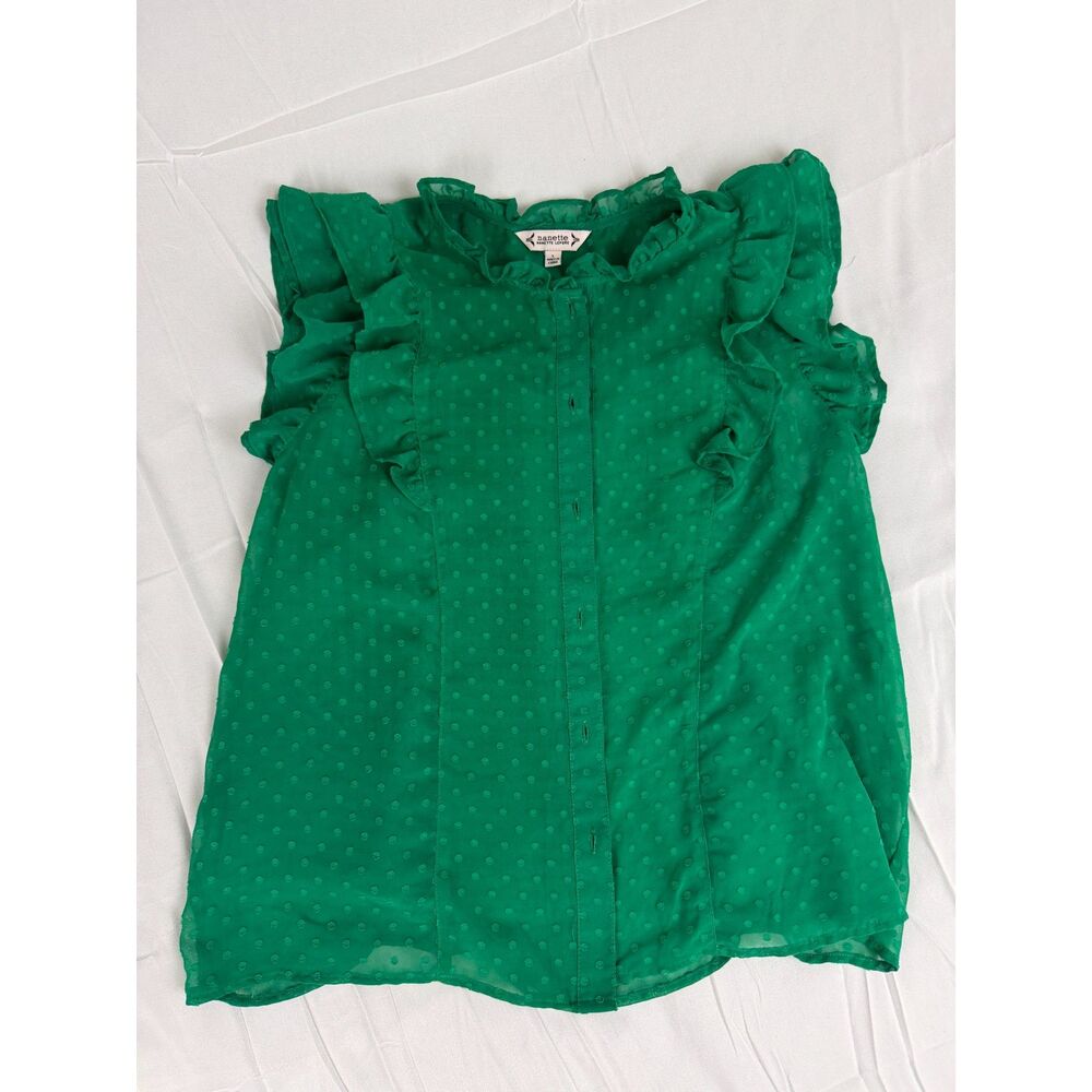 Nanette Lepore Emerald Green Swiss Dot Ruffle Sleeveless Blouse Size L